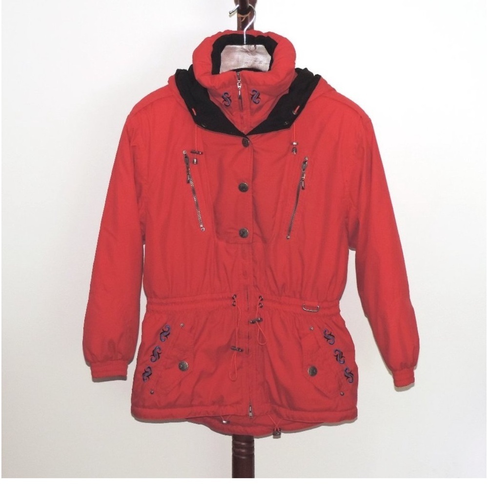Skiing Passport red hooded winter ski jacket